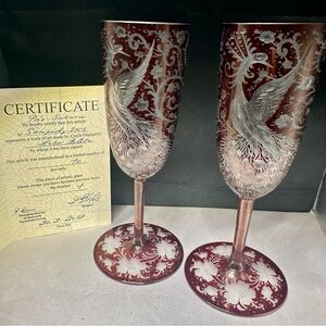 Egermann Czech Ruby Cut Crystal Champagne Flutes 1 of 10 Signed COA 2018